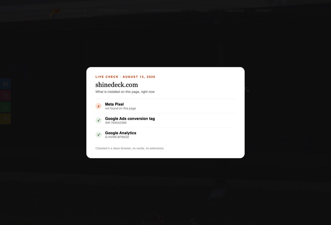 Checked live on shinedeck.com in a clean browser, August 13, 2026.
